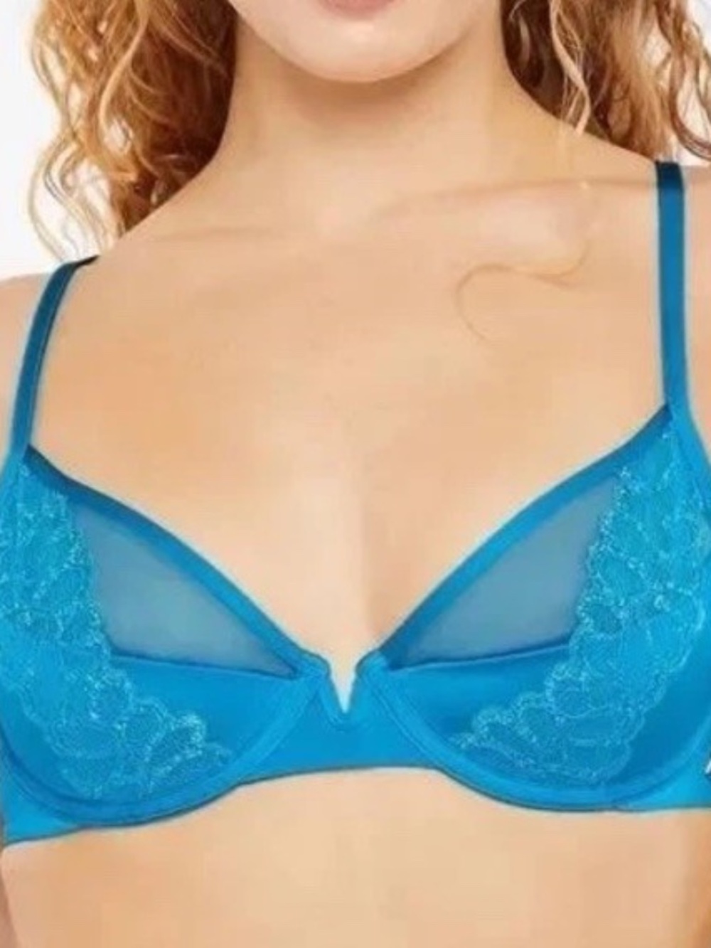 Savage X Fenty Savage Not Sorry Half Cup Plunge Bra Blue Size 34C Lace Wire